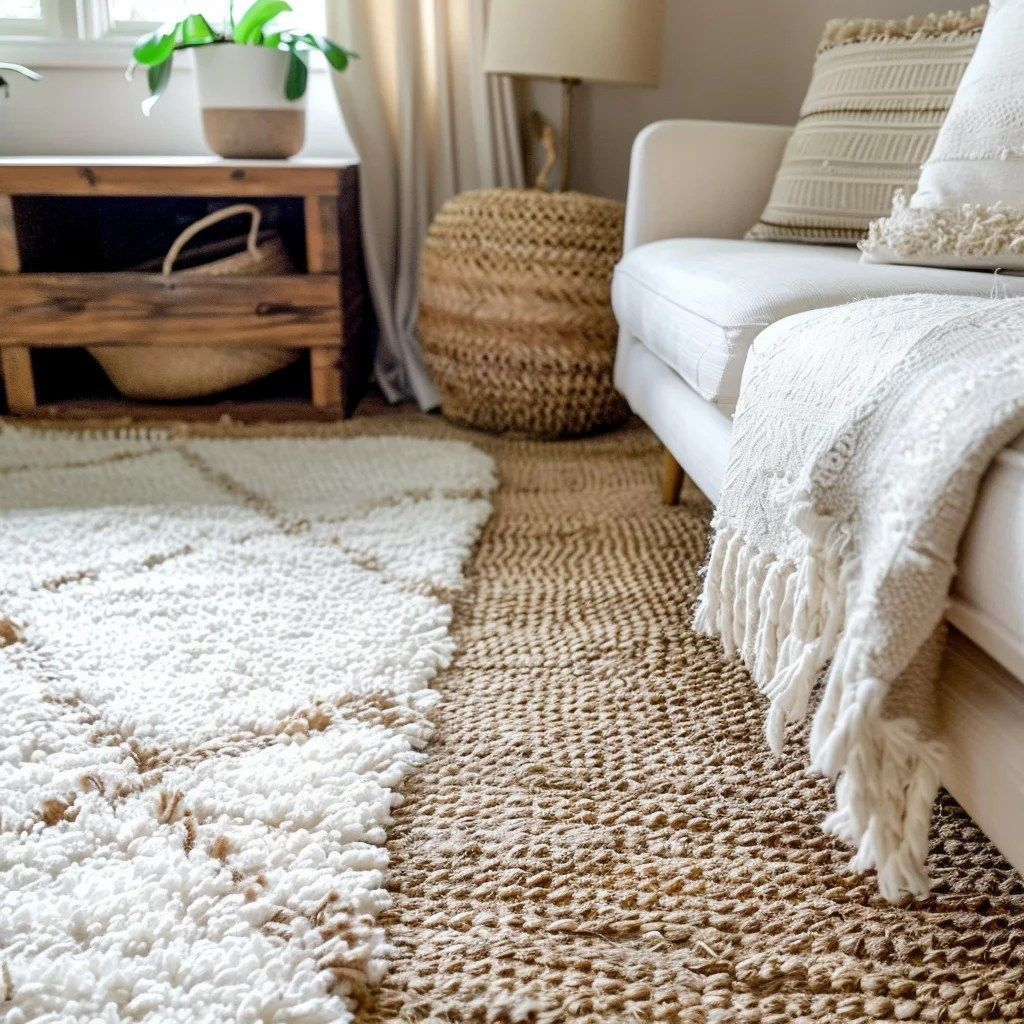 Layered area rugs in cozy living room with armchair, throw blanket, and woven ottoman