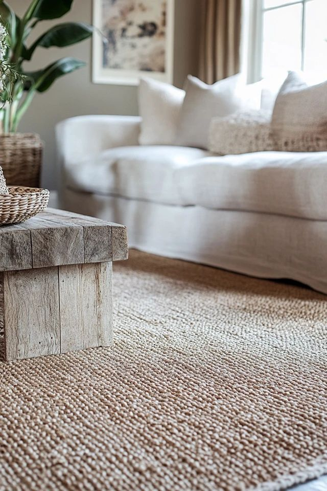 Cozy neutral living room with textured jute rug, sofa, and rustic coffee table
