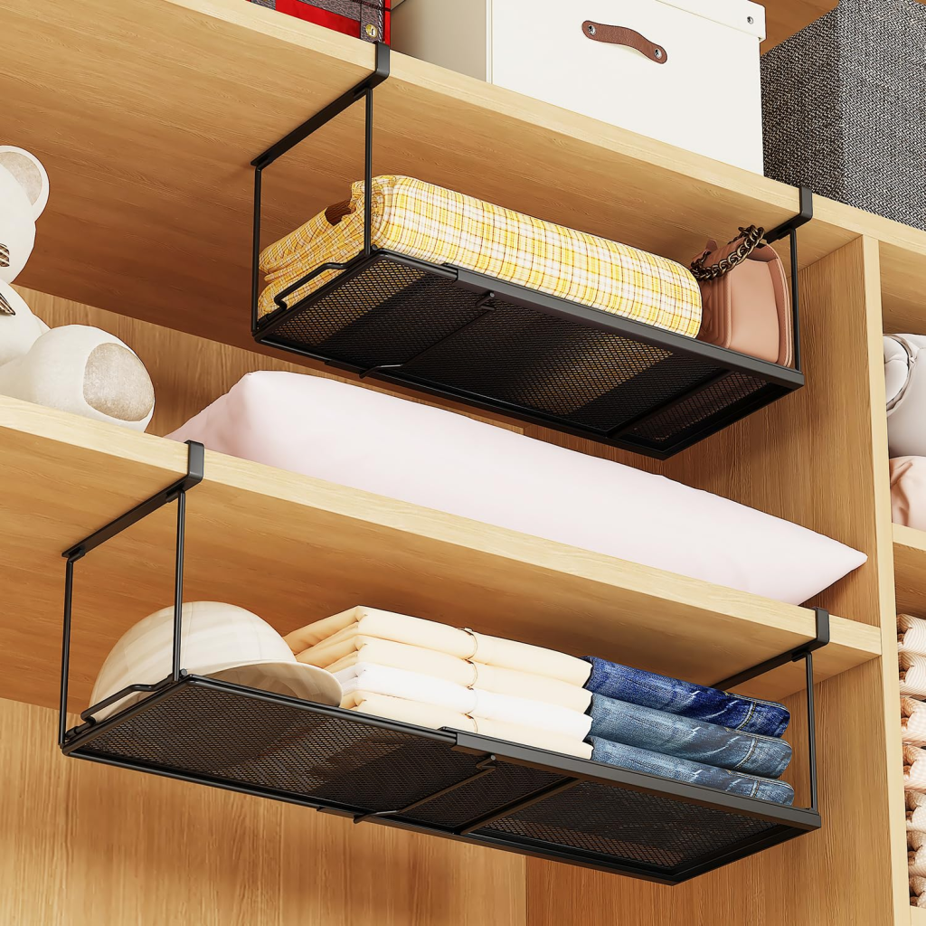 Under shelf wire baskets used in closet to organize clothes, hats, and accessories