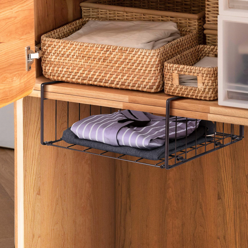 Under shelf wire basket and wicker storage baskets used for neat closet organization