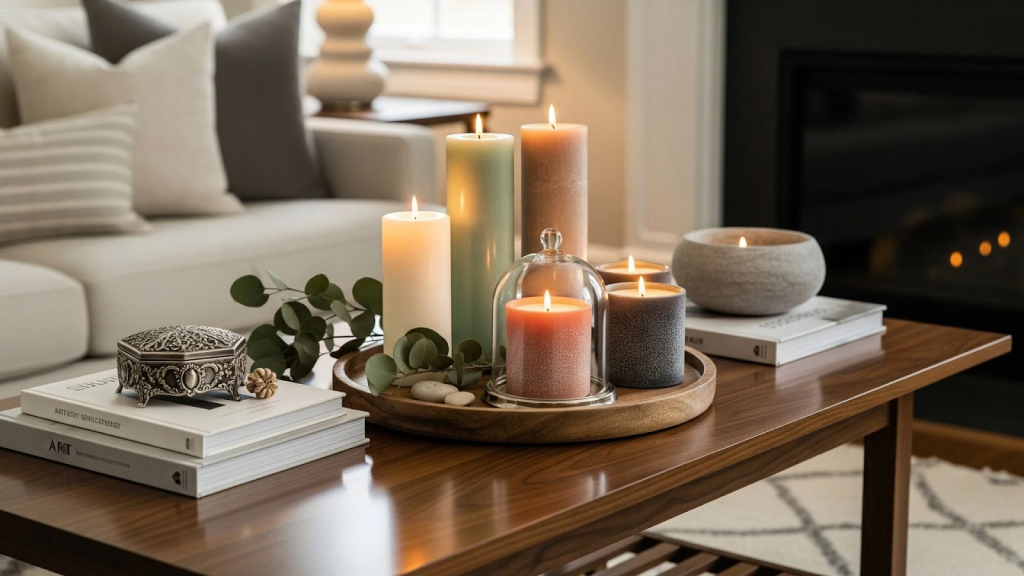Cozy coffee table decor with scented candles, books, and greenery tray in a warm, modern living room setting
