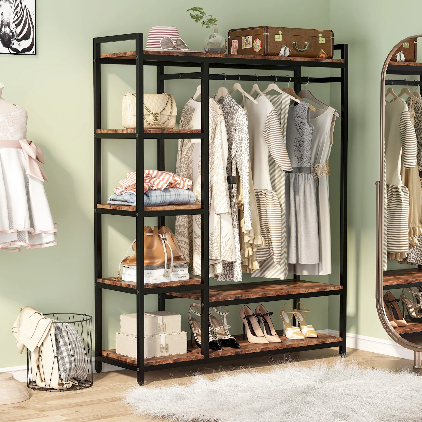 Modern open wardrobe rack with shelves, hanging dresses, handbags, shoes, and storage boxes in a stylish bedroom