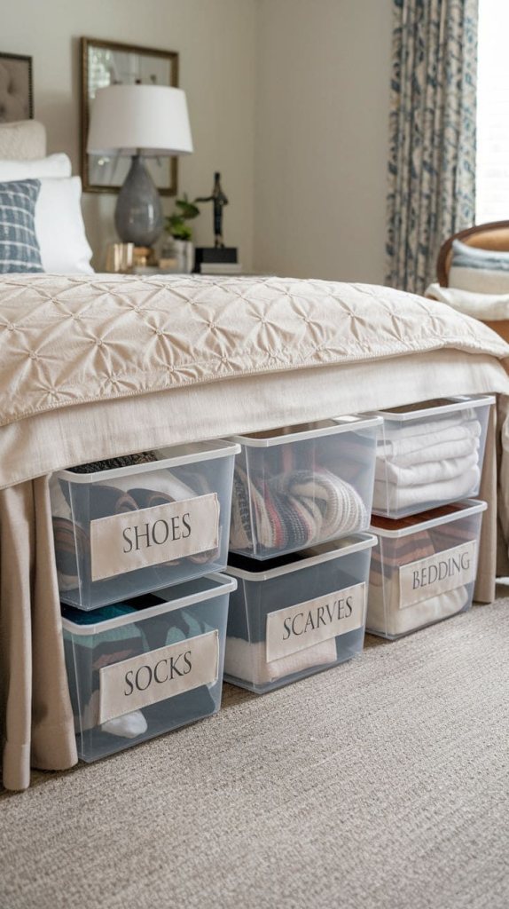 Under bed storage boxes labeled shoes, socks, scarves and bedding for space saving bedroom organization