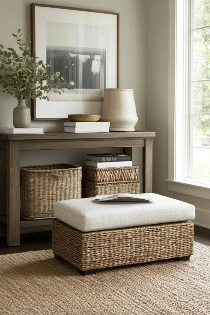 Living room console table with woven storage baskets and upholstered storage ottoman