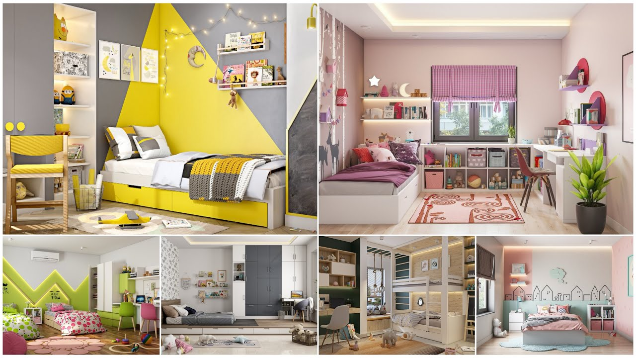Modern kids bedroom design ideas featuring colorful beds, storage units, study desks, and bunk beds in stylish, space-saving layouts