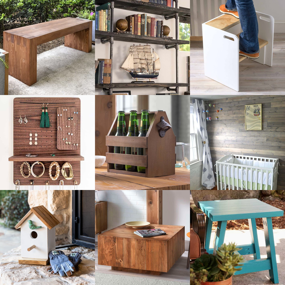 Collage of DIY woodworking projects including wooden bench