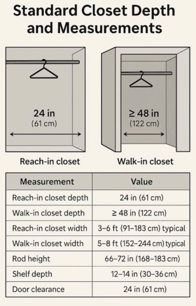 Standard closet depth and measurements chart showing reach-in and walk-in closet dimensions