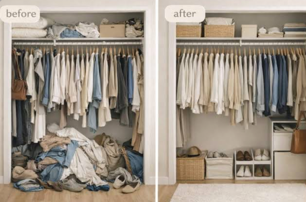 Before and after closet organization showing messy closet transformed into tidy storage space
