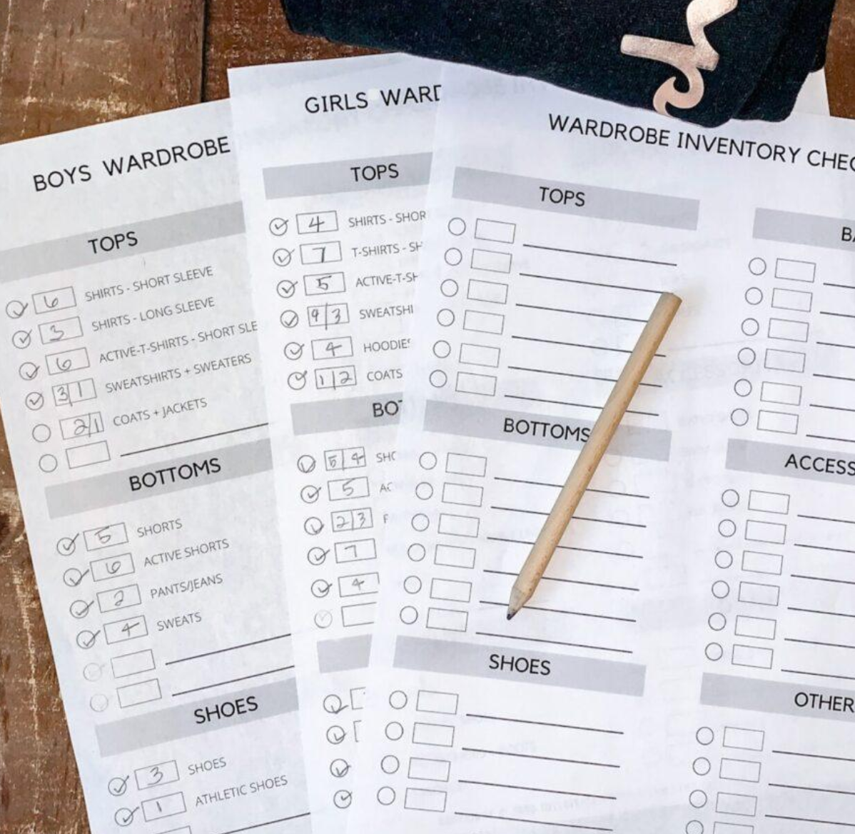 Wardrobe inventory checklist printables for organizing clothes by tops, bottoms, shoes, and accessories