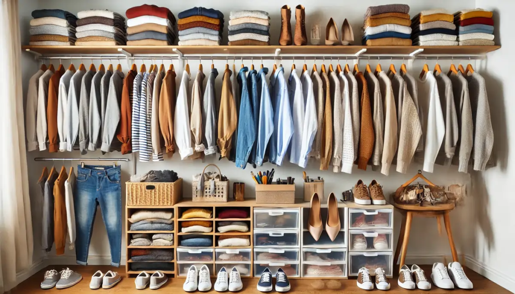 Organized closet with neatly folded clothes, shoes, and storage bins for smart wardrobe organization