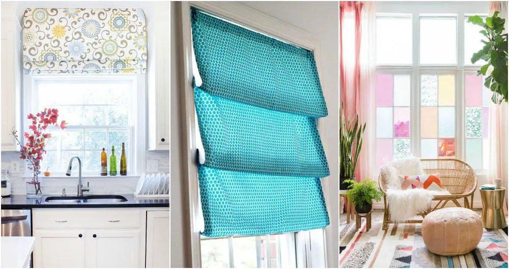 Collection of stylish window treatments including roman shades, patterned curtains, and colorful stained glass panels in bright home interiors