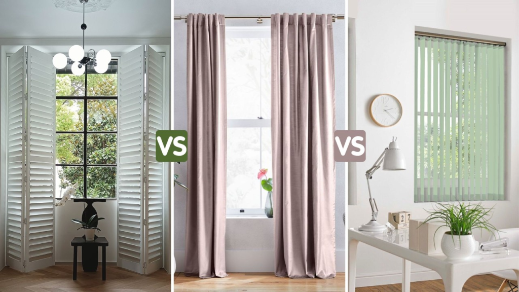 Comparison of window shutters, floor-length curtains, and vertical blinds showing different light control and interior design styles