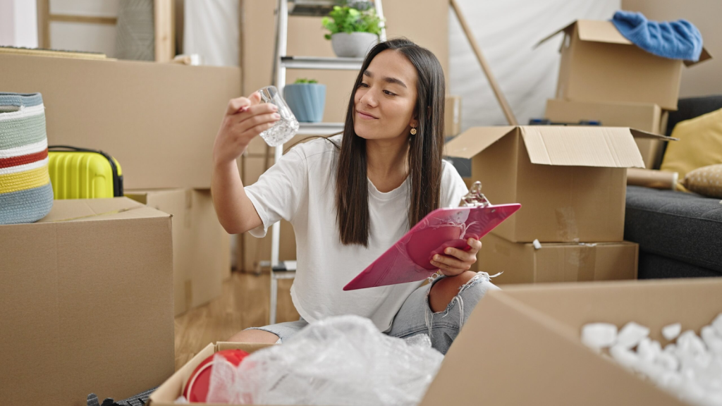 Woman organizing household items into cardboard boxes while decluttering home