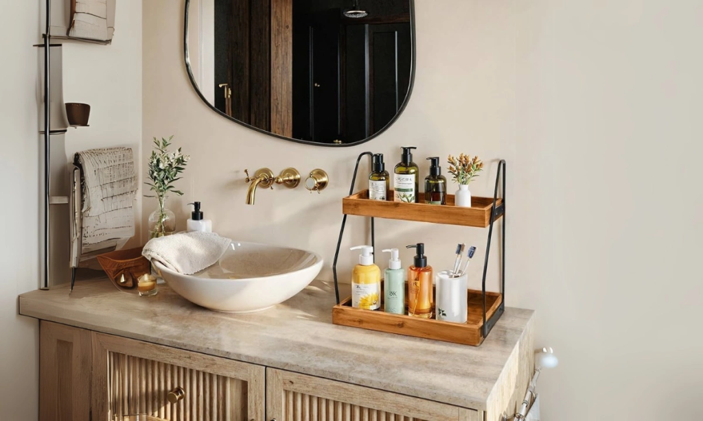 cluttered bathroom countertop with toiletries and personal care items