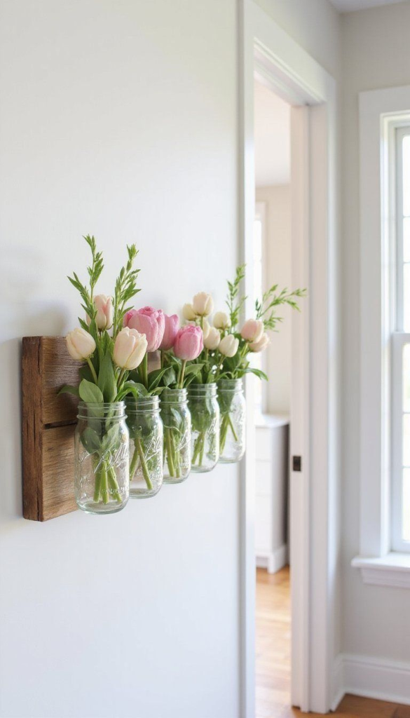 Creative wall-mounted mason jars used as flower vases with fresh tulips