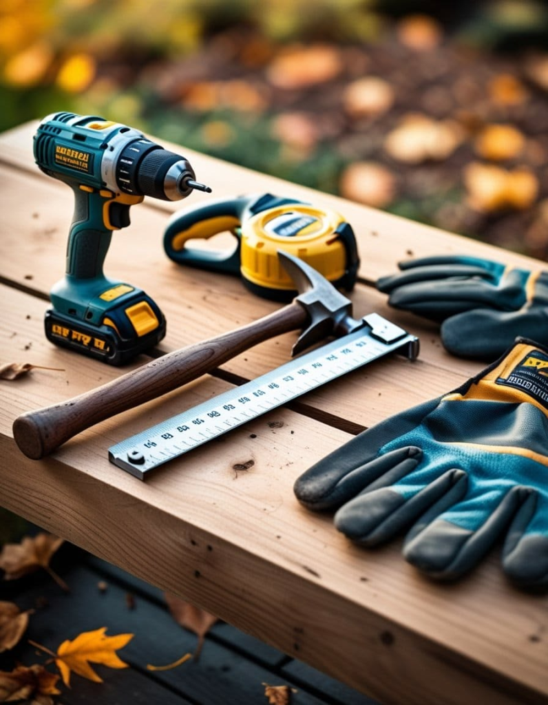 Essential DIY tools including drill, hammer, measuring tape, and gloves on wooden workbench