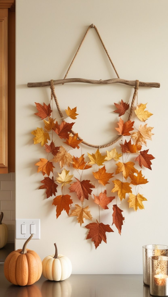 DIY autumn wall decor with hanging dried leaves and pumpkins for seasonal home styling
