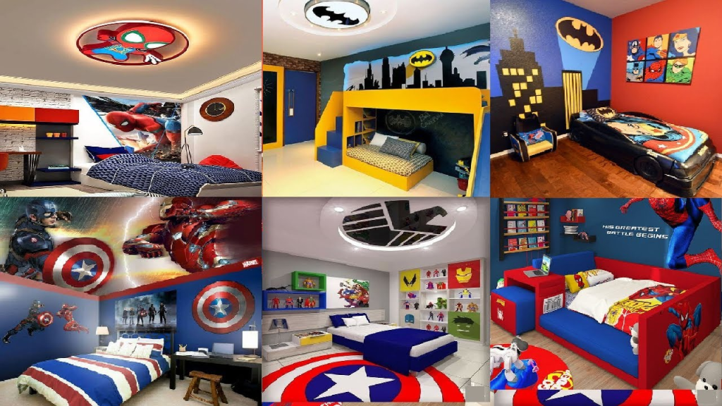 A collage of super hero themed bedrooms.