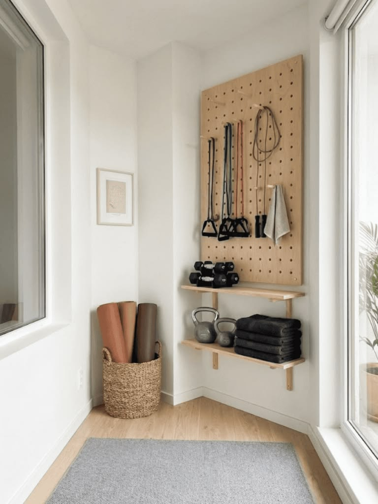 small home gym storage corner with resistance bands kettlebells towels and yoga mats