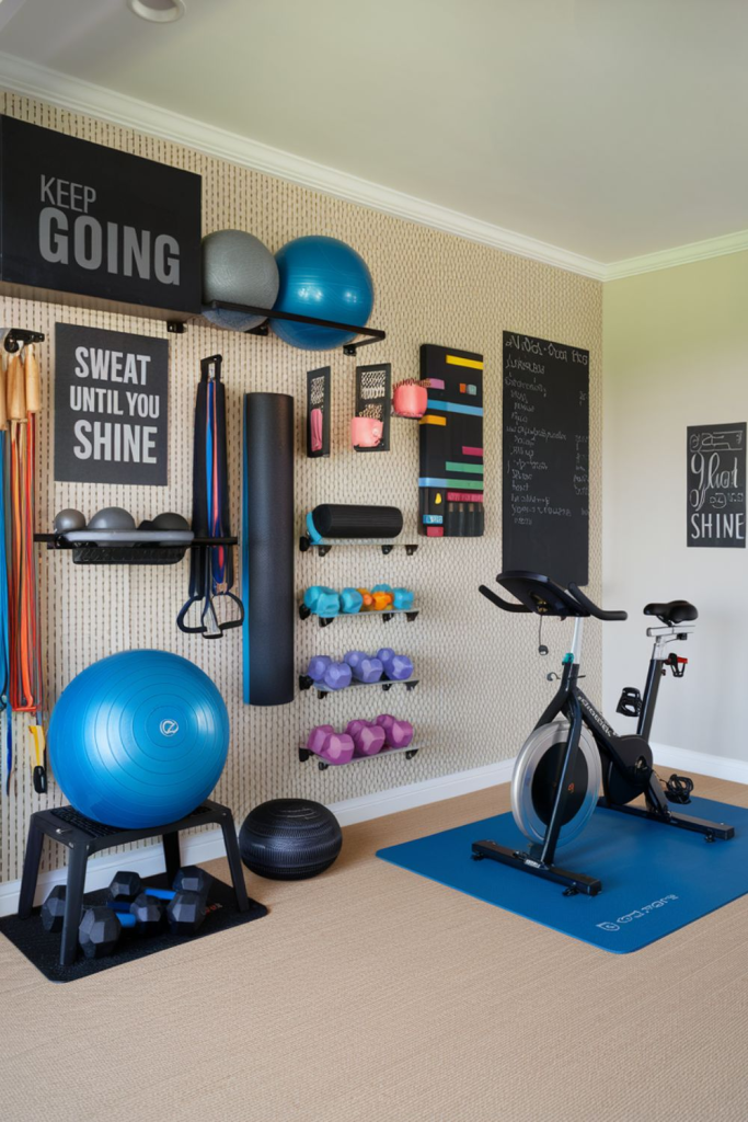 organized home gym with wall storage spin bike dumbbells and exercise ball
