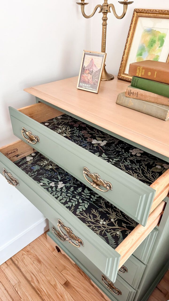 sage green dresser makeover with floral drawer liners and antique brass pulls
