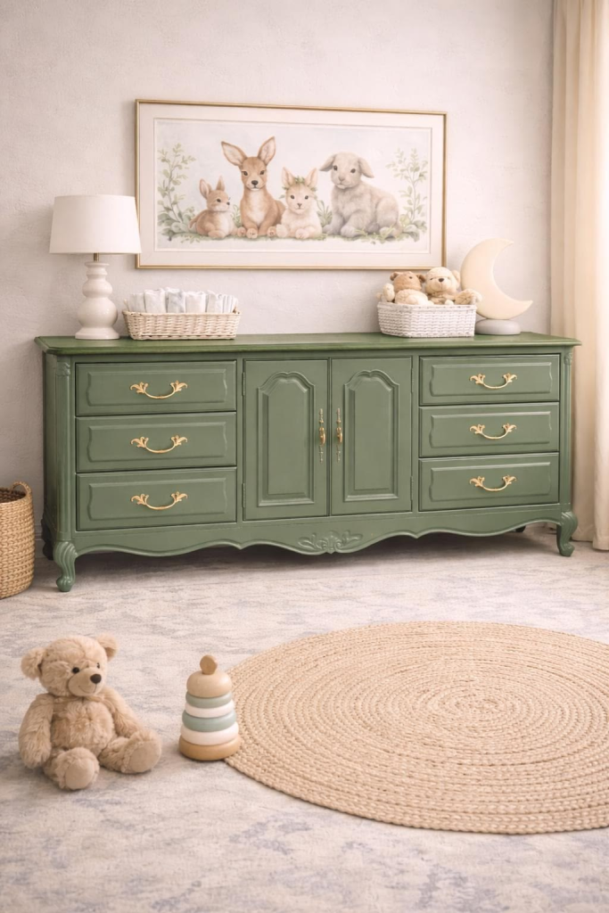 green painted vintage dresser styled as nursery storage with gold hardware