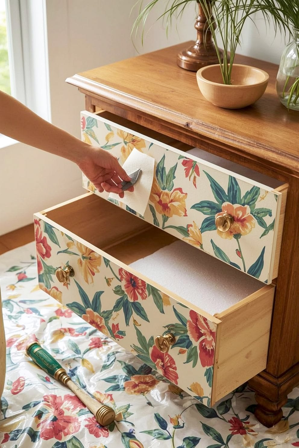 floral wallpaper dresser makeover with decorative drawer fronts and gold knobs