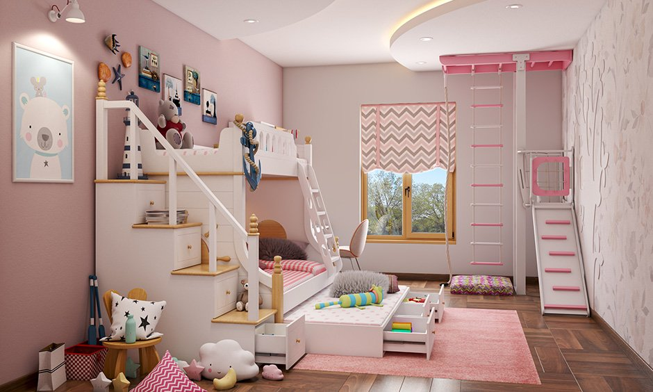 Pink bed room with lots of activities.