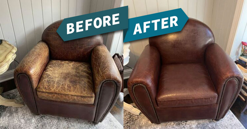 before and after leather chair restoration showing repaired worn and cracked brown armchair