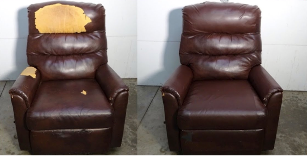 before and after leather recliner repair showing restored brown chair with patched worn areas