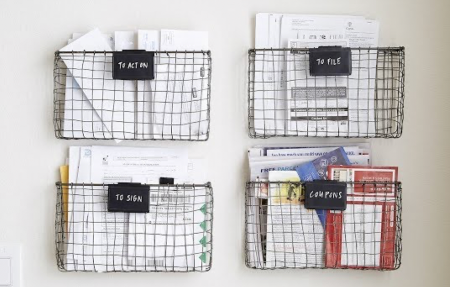 wall mounted wire baskets for organizing mail bills paperwork and coupons at home