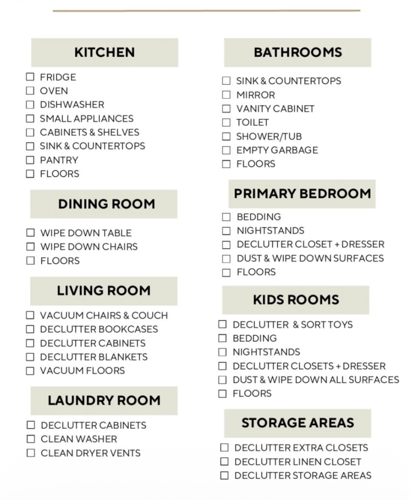 printable whole house decluttering checklist for kitchen bathroom bedroom living room and storage areas