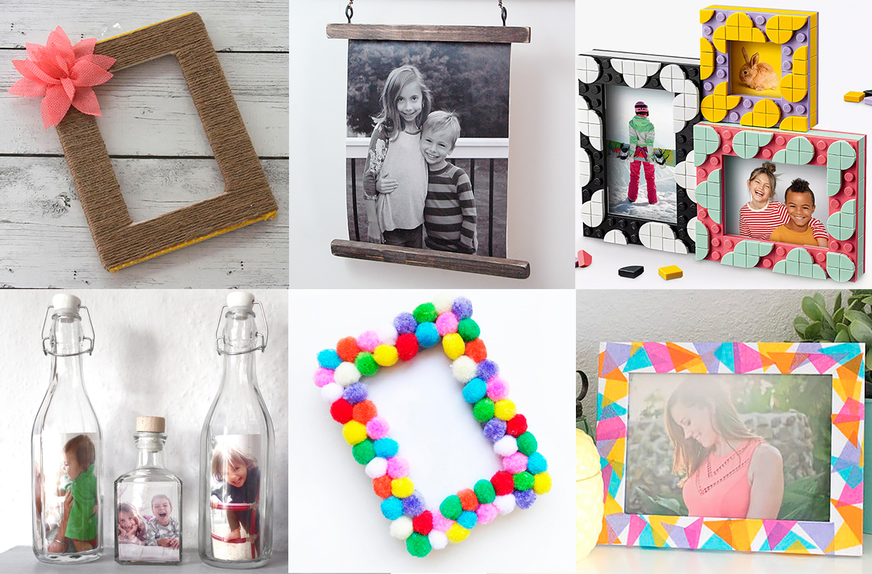 creative DIY photo frame ideas using cardboard wood pom poms and glass bottles