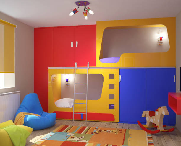 Colorful themed bunk room.