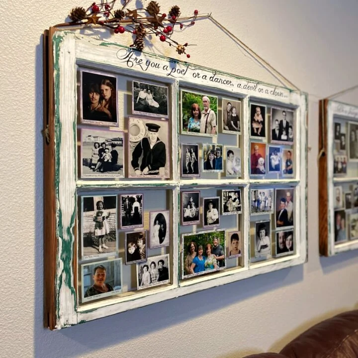 Old window frame turned into a photo collage wall art with family pictures.