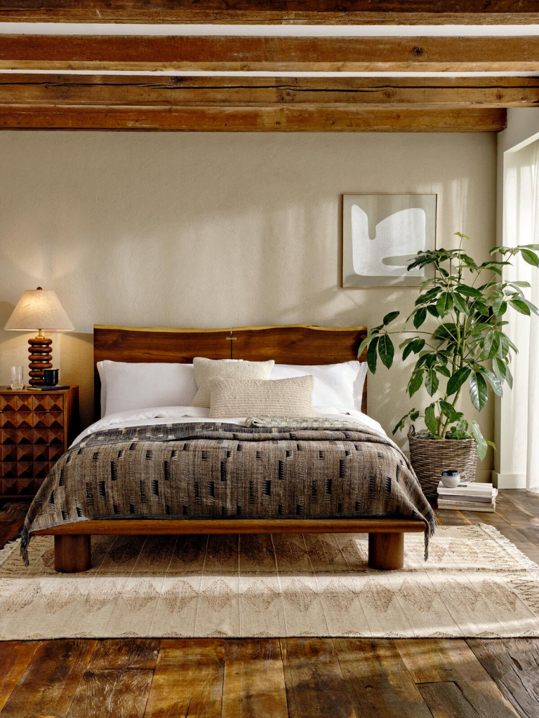 Rustic bedroom with wooden beams and neutral tones