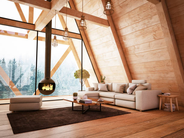 Scandinavian-style living room with sloped ceiling and hanging fireplace