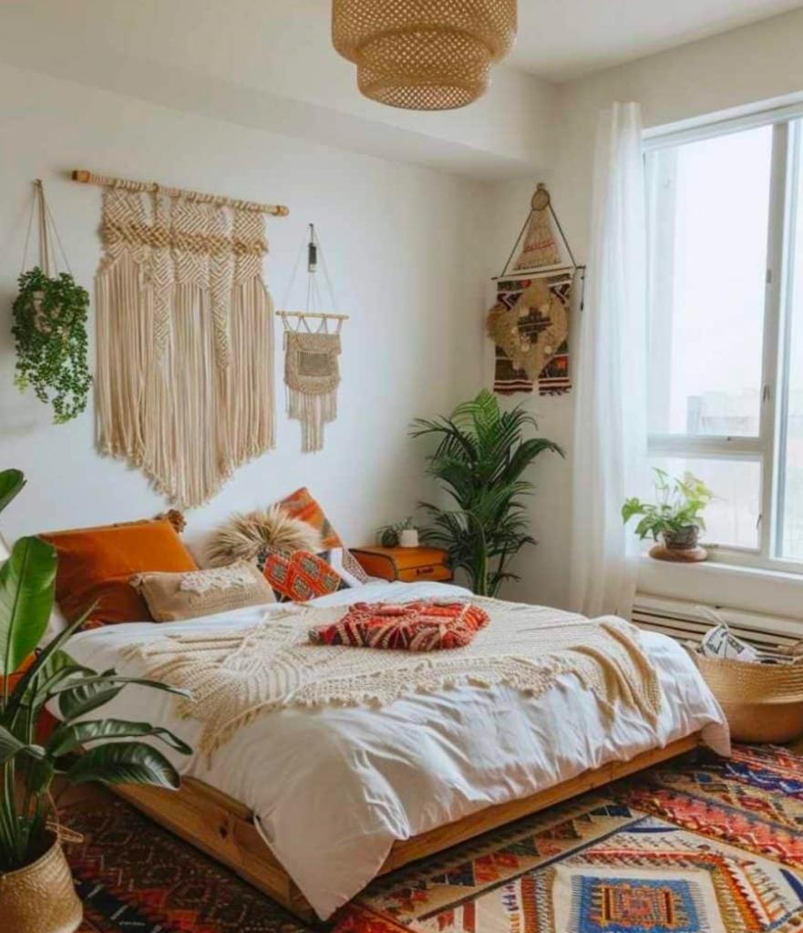 Cozy bohemian bedroom with woven wall hangings