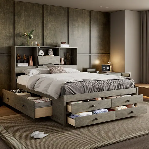 Modern dark wood bedroom with built-in storage drawers