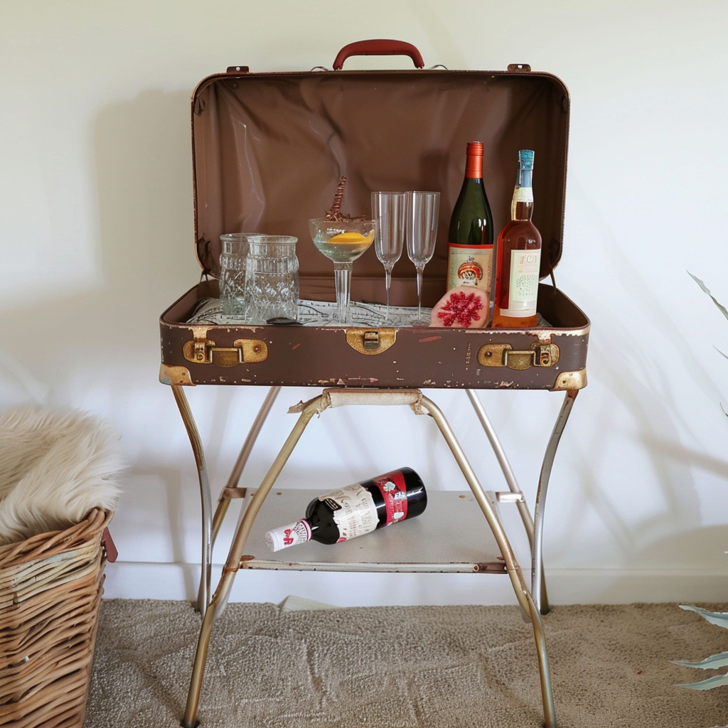 Old suitcase bar cart with glasses and bottles