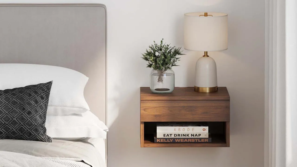 Neutral bedroom with a floating nightstand and small lamp