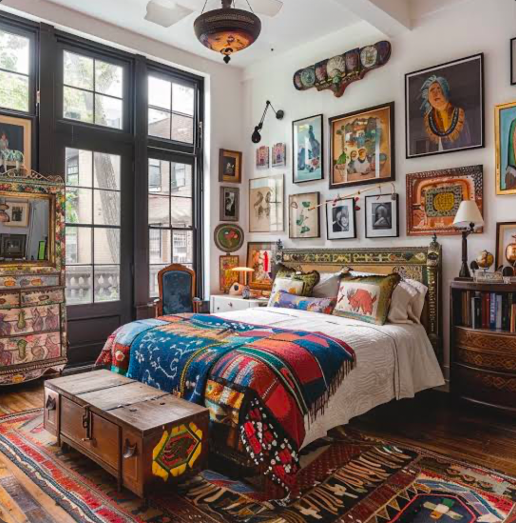 Eclectic bedroom with art gallery wall and colorful bedding