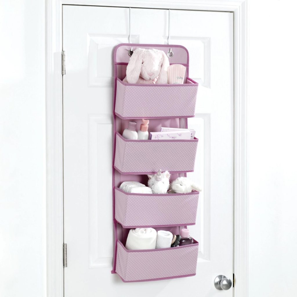 Hanging door organizer with baby items and toiletries