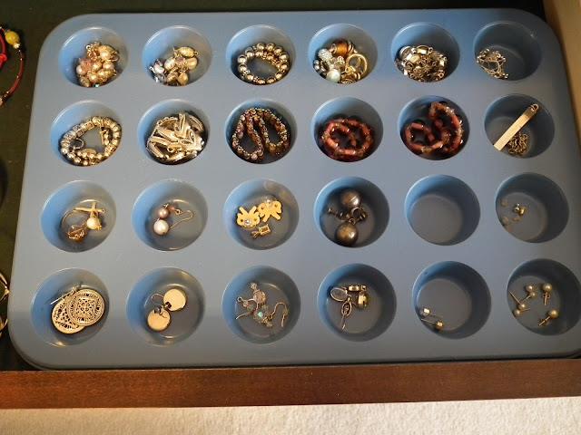 Jewelry stored in a silicone muffin tray