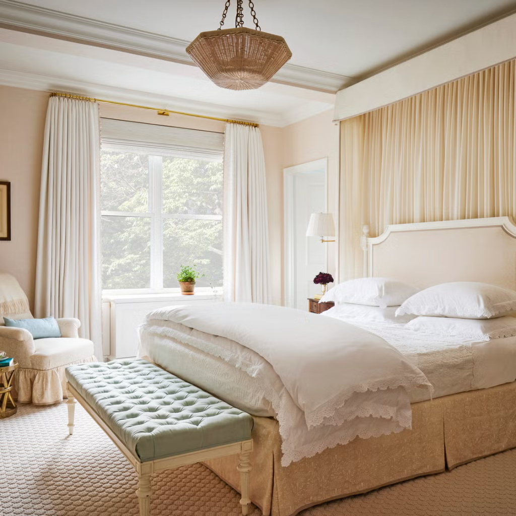 Elegant cream bedroom with tufted bench and soft lighting