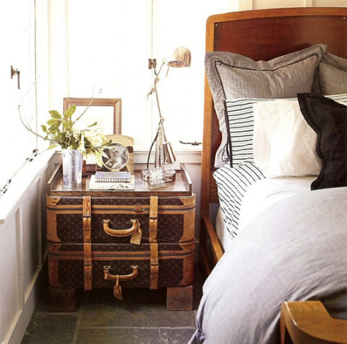 Suitcases stacked as a bedside table