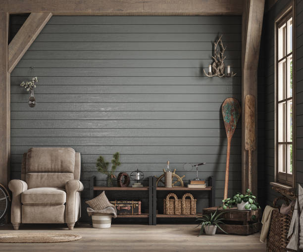 Rustic reading nook with armchair, wood panel wall, and vintage accessories