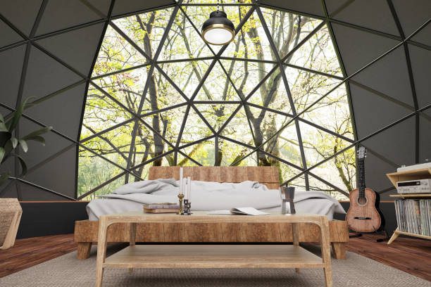 Geodesic Dome House with Forest View and Wooden Furniture.