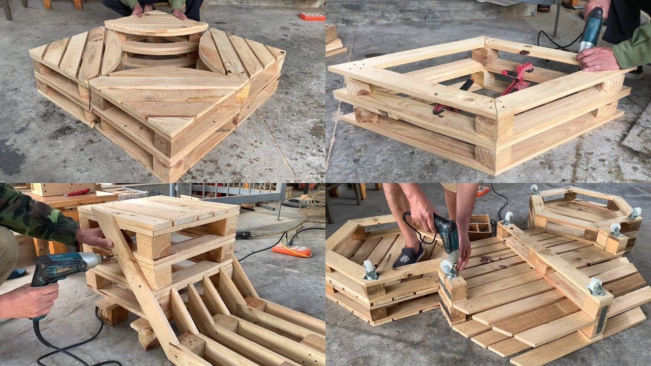 DIY pallet project in progress showing various wooden pallet structures being assembled on a floor.