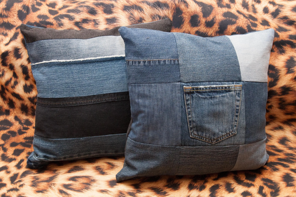 denim cushion covers on a leopard print backdrop
